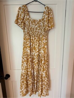 August Sky Smocked Square Neck Floral Midi Dress in Mustard